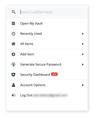O menu suspenso da extensão LastPass para Chrome no macOS