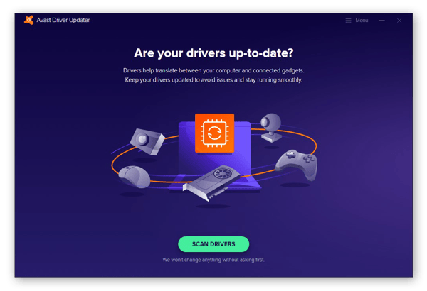 A tela de boas-vindas no Avast Driver Updater para Windows 10