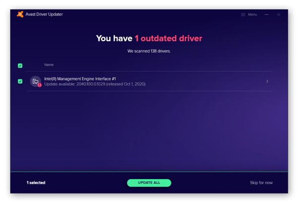 Une liste de pilotes obsolètes détectés par Avast Driver Updater pour Windows 10