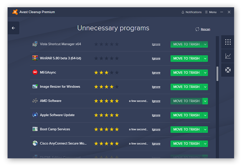 Avast Cleanup indica los programas innecesarios y tiene un sistema de valoraciones de los usuarios para ayudarle a determinar las aplicaciones que deben eliminarse.