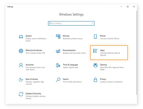 Abrir la configuración de Aplicaciones desde el menú Configuración en Windows 10