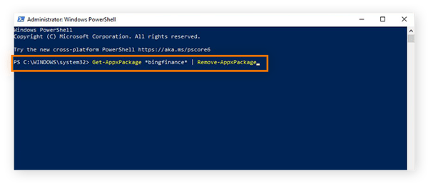 Entfernen der Finanz-App mit der PowerShell-Befehlszeile in Windows 10