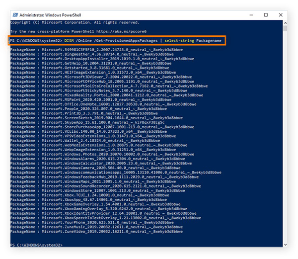 Usando o comando DISM no Windows PowerShell para visualizar todos os aplicativos pré-instalados no Windows 10