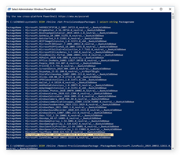 Excluir o aplicativo Groove Música do Windows 10 com o comando DISM no Windows PowerShell