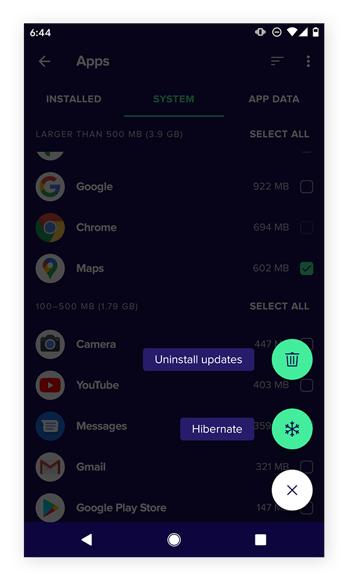 Mise en veille des bloatwares système dans Avast Cleanup pour Android.