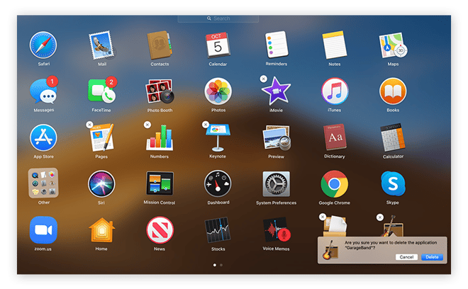 Screenshot der Mac-Launchpad-Ansicht mit einer Bestätigungsaufforderung für die zu löschende GarageBand-App