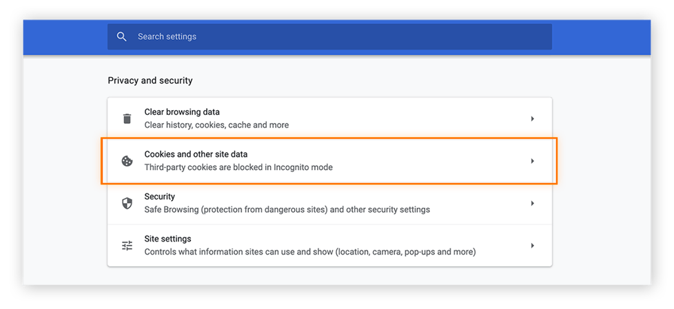 Selecione "Cookies e outros dados do site" para continuar com as configurações de rastreamento do Chrome