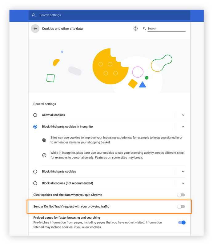 Activer l’option Interdire le suivi dans Chrome