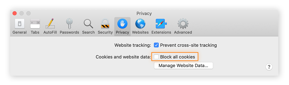 Junto a «Cookies y datos del sitio web», seleccione «Bloquear todas las cookies»