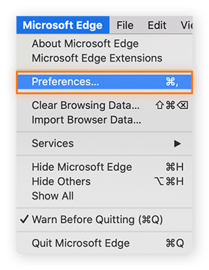 Selecione “Preferências” no menu do Edge da Microsoft