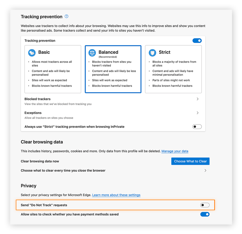 Para habilitar DNT no Edge, alterne "Solicitações 'Do Not Track'”