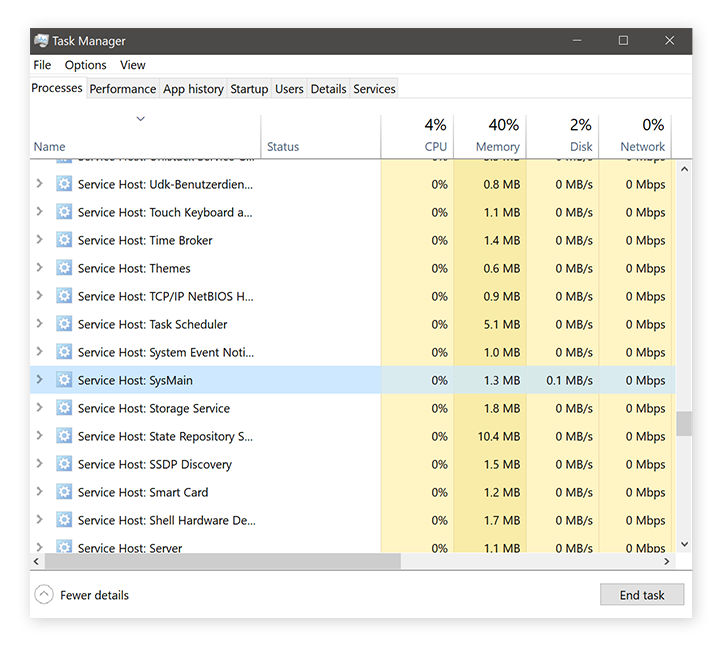 Identificar el Host del servicio Superfetch de Windows en el Administrador de tareas de Windows 10