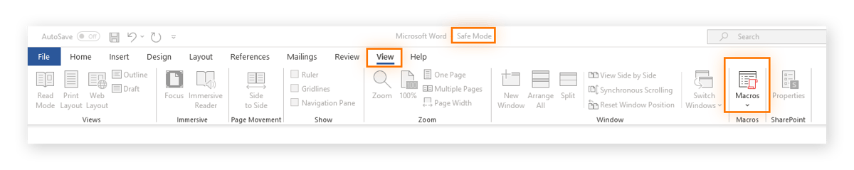 Visualización de macros en el Modo seguro de Microsoft Office para eliminar un virus de macro.