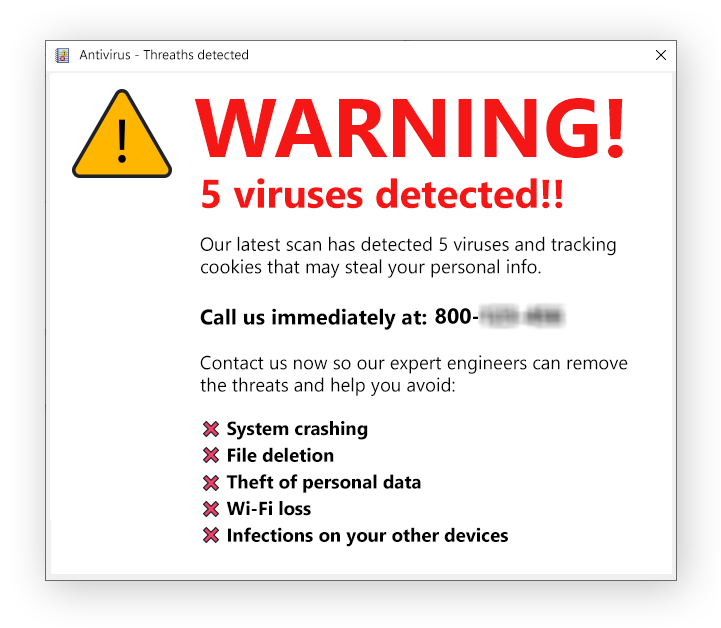 Las estafas de soporte técnico le asustan haciéndole creer que tiene un problema en el equipo, y a menudo le mostrarán falsas advertencias de malware.