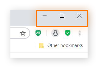 Capture d’écran d’un navigateur web avec les boutons Réduire, Agrandir et Fermer encadrés