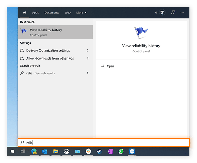 Navigating to the Windows Reliability Monitor from the Windows Start Menu in Windows 10