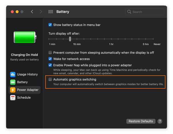 Paramètres d’alimentation de la carte graphique sur un MacBook Pro