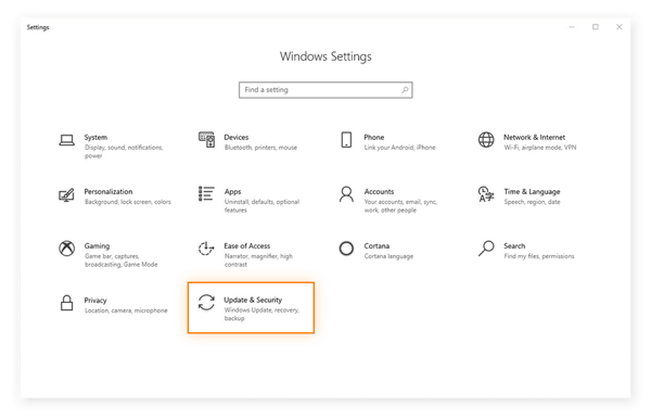 Selecting the Update & Security category in the Windows Settings menu of Windows 10.