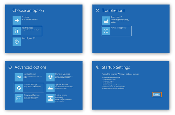 Neu starten von eines PCs im abgesicherten Modus unter Windows 10.