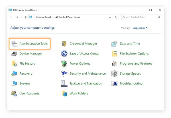 Selecting the Administrative Tools category in the Control Panel of Windows 10 Safe Mode.