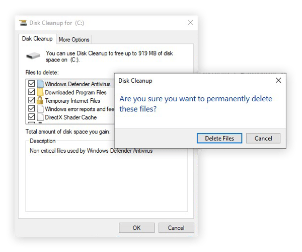 Deleting files with the Disk Cleanup tool in Windows 10 Safe Mode.