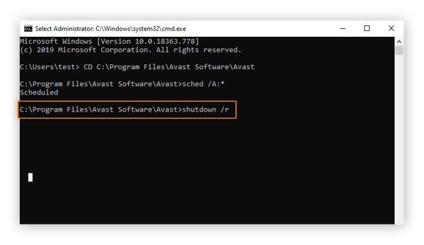 Restarting a Windows 10 computer from the Command Prompt interface in Safe Mode to begin a Boot-time Scan with Avast Free Antivirus.