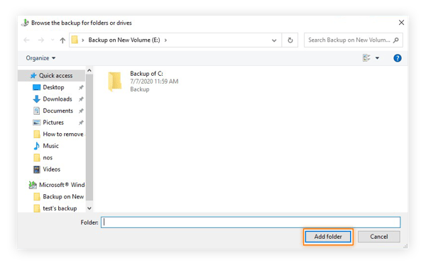 Backing up from a folder in Windows 10.