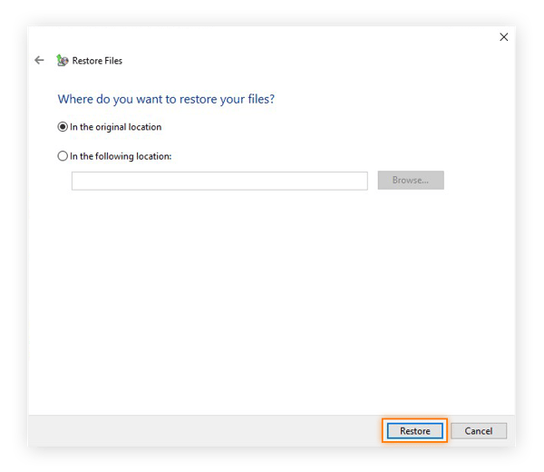 Choosing where to restore from a backup in Windows 10.