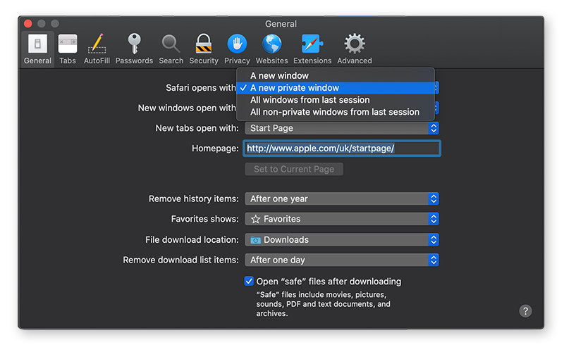 Configurar Safari para que se abra en una nueva ventana privada en las preferencias de Safari para macOS