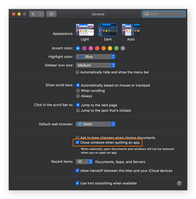 Configurar macOS para que cierre las ventanas cuando salga de una app en la sección general de las preferencias del sistema