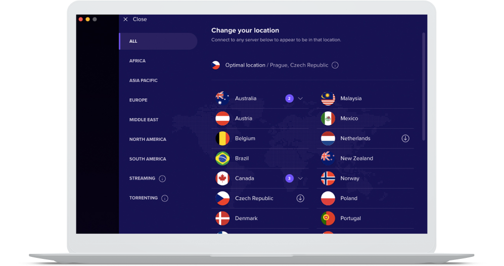 Sélection d’un emplacement de serveur VPN en Australie sur le VPN Avast SecureLine.