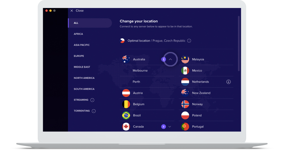 Selecionando um local de servidor VPN na Austrália no Avast SecureLine VPN.