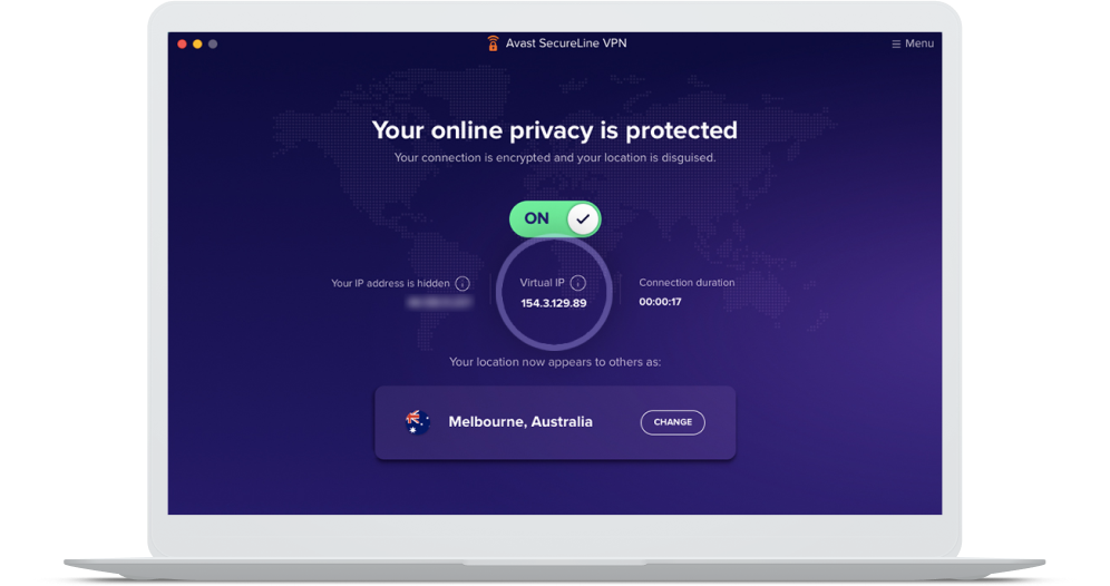 A tela inicial do Avast SecureLine VPN mostrando a localização do servidor na Austrália e o endereço IP virtual.