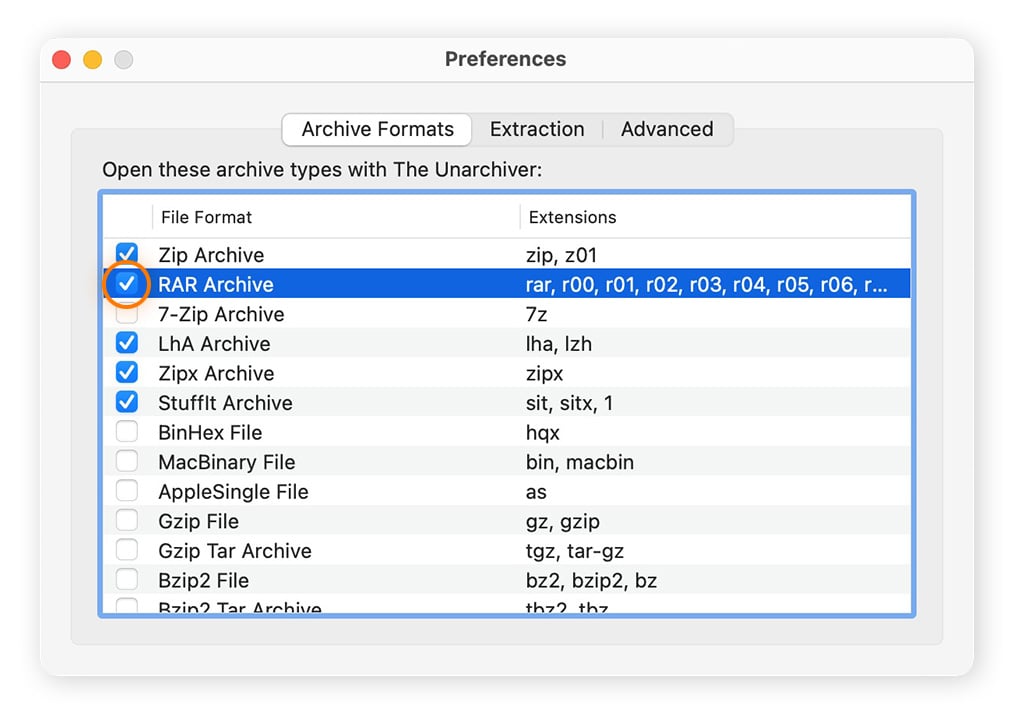 Configurar o The Unarchiver para extrair arquivos .rar em um computador Mac.