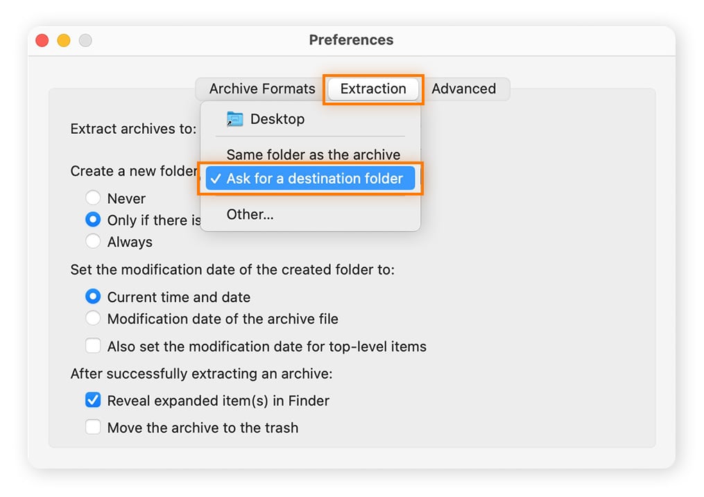 Sélection d’un dossier de destination pour les fichiers RAR extraits sur Mac avec l’outil Unarchiver