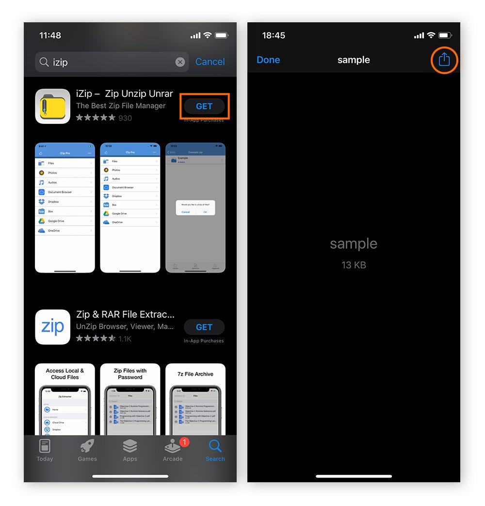 Procurar o iZip na App Store em um iPhone e preparar para abri-lo por meio do ícone de compartilhamento do iOS.