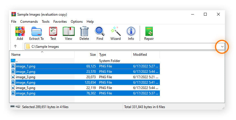 Una ventana abierta de WinRar con los archivos seleccionados listos para ser comprimidos al formato .rar.