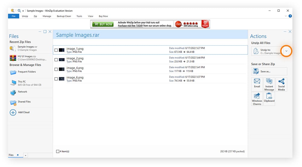 An open WinZip window with the down arrow highlighted in the Actions menu on the right side.