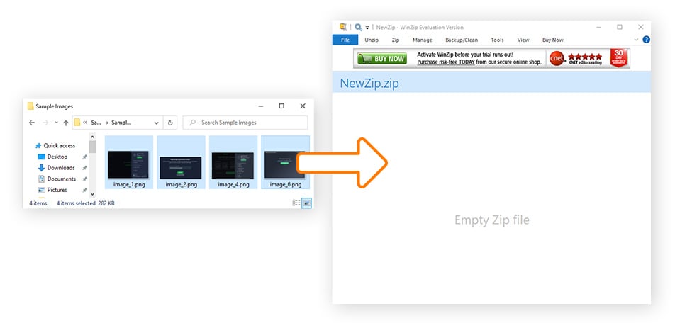 A Finder window with files selected and an arrow pointing from the Finder window to an open WinZip window.