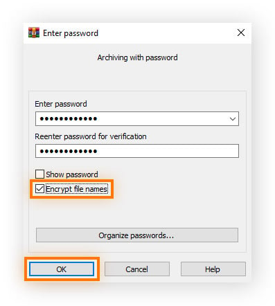  Una ventana de WinRAR para crear una contraseña con una casilla de verificación para cifrar los nombres de los archivos y el botón OK resaltado.