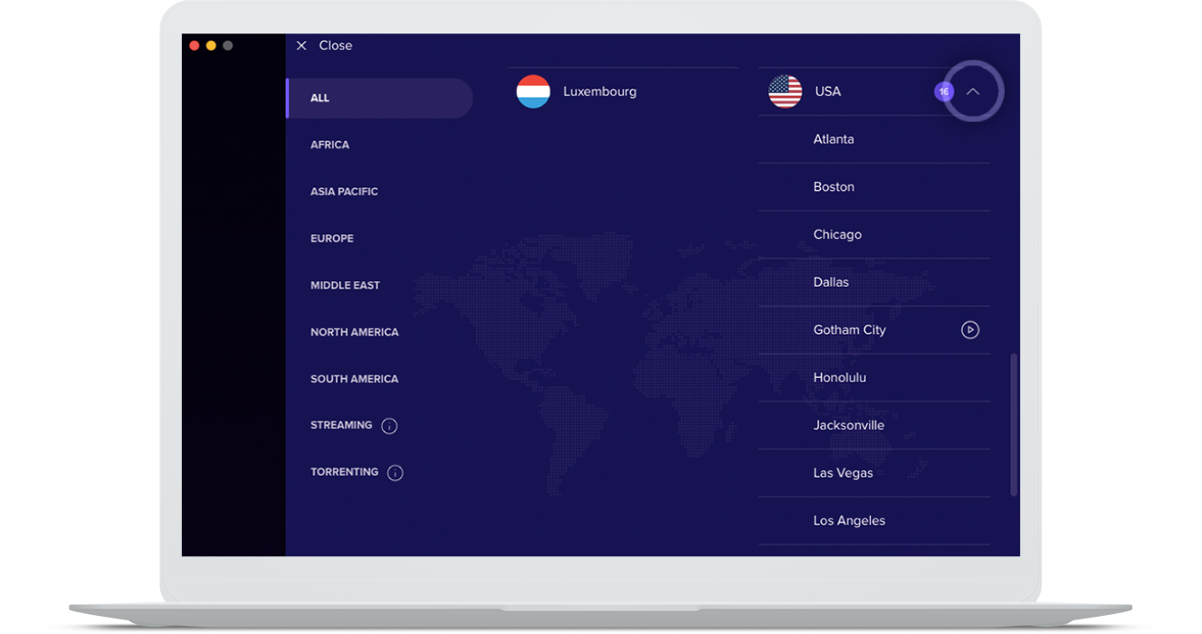 Choix d’un des 16 emplacements de serveur VPN aux États-Unis avec le VPN Avast SecureLine.