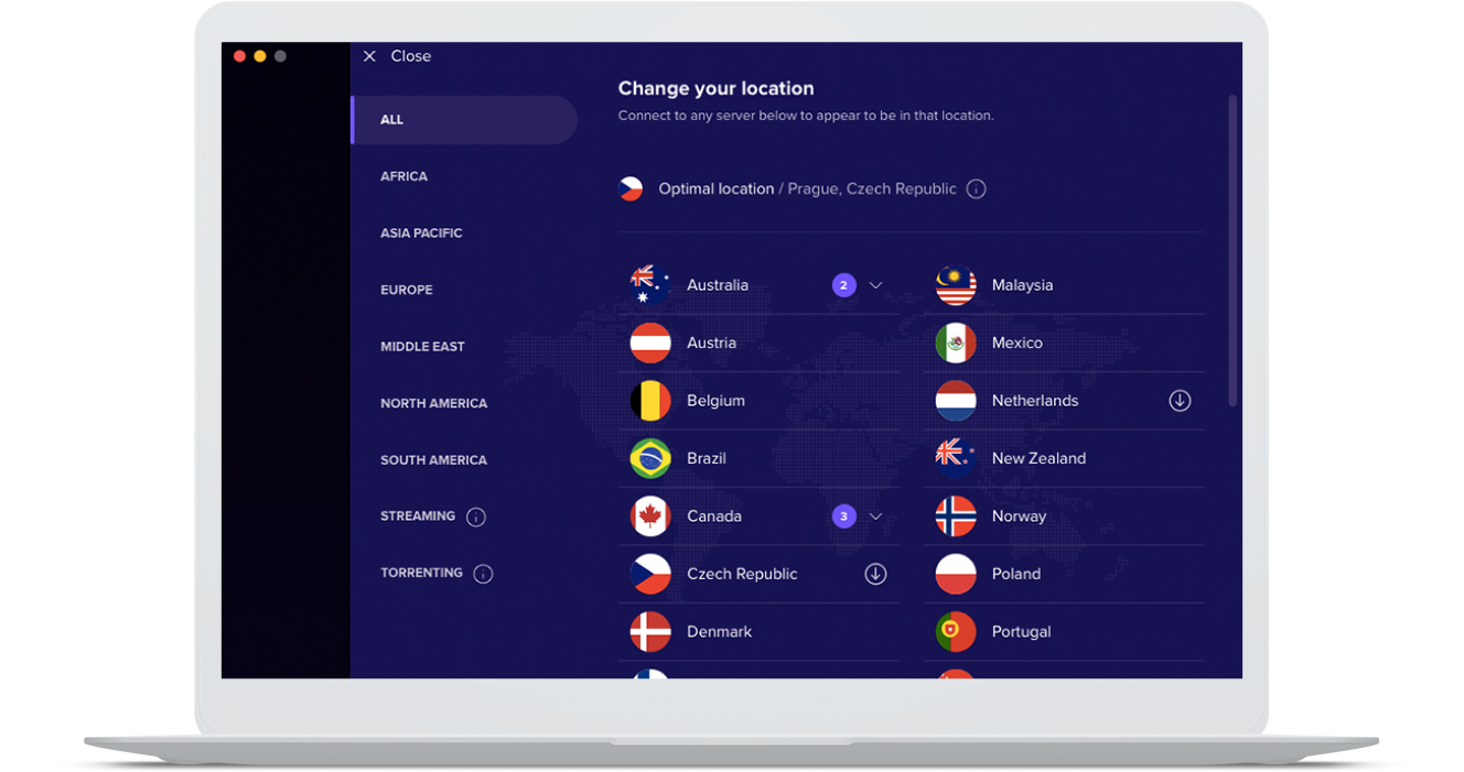 Filtre a lista de locais de servidor do Avast SecureLine VPN por região global.